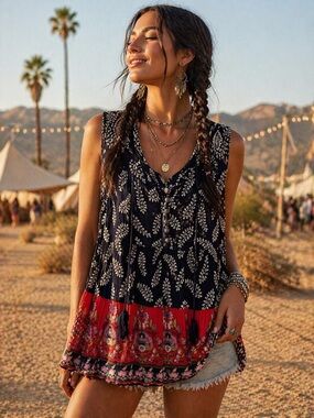 Bila Boho Sleeveless Top Medium Indigo Floral Tassel Flowy Festival Tank